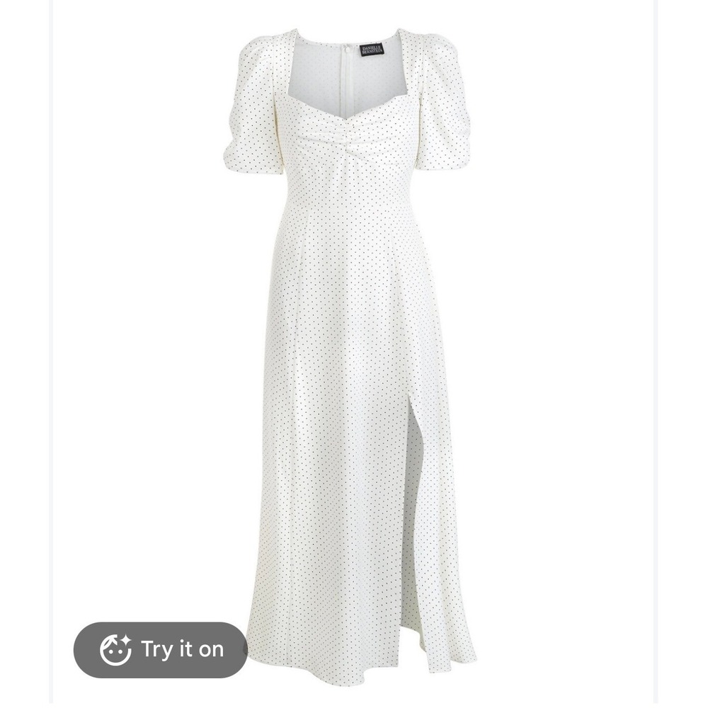 Danielle Bernstein Polka Dot Puff Sleeve Midi Dress White Black Slit Size 12